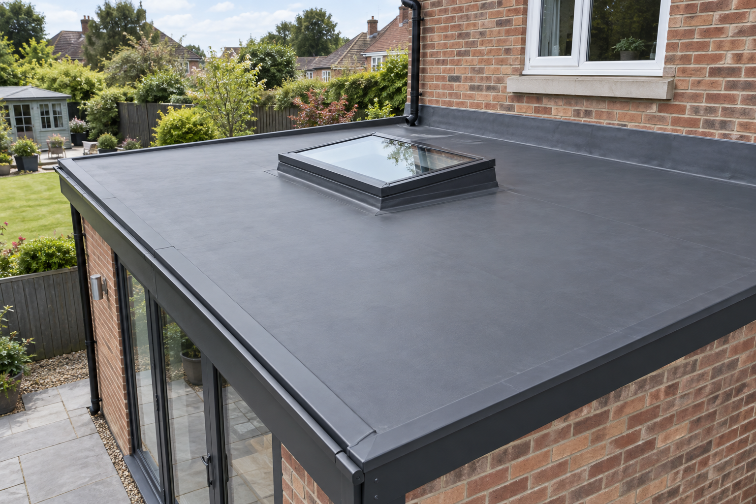 Illustration of a neatly finished flat roof on a house extension